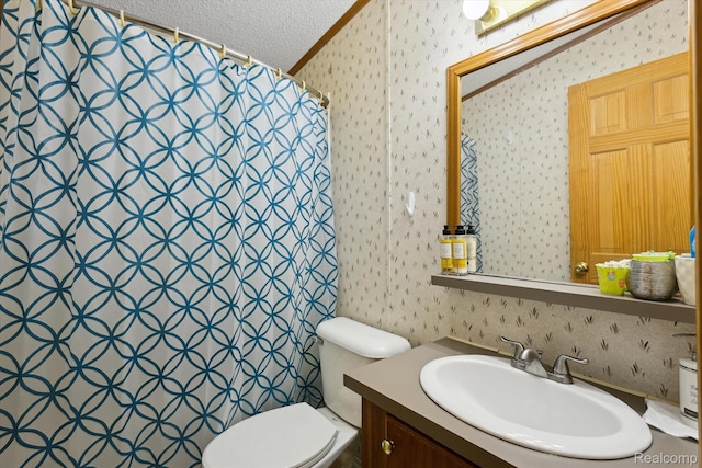 2536 Meridian Rd, Lewiston, MI 49756 - full bathroom with wallpapered walls, vanity, a shower with shower curtain, crown molding, and a textured ceiling