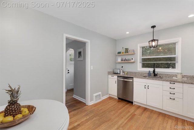 518 Roth Blvd, Clawson, MI 48017 - kitchen featuring stainless steel dishwasher, light wood-style flooring, light stone countertops, white cabinetry, and recessed lighting