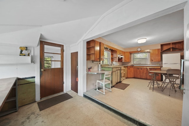 538 S Jackson St, Hanover, MI 49241 - kitchen featuring open shelves, a sink, brown cabinets, lofted ceiling, and freestanding refrigerator