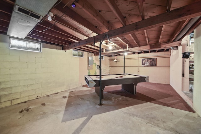538 S Jackson St, Hanover, MI 49241 - playroom featuring electric panel, pool table, and unfinished concrete flooring