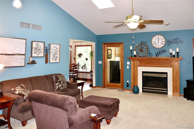 1149 Highview Dr, Lapeer, MI 48446 - living room with ceiling fan, a fireplace with flush hearth, carpet flooring, high vaulted ceiling, and baseboards