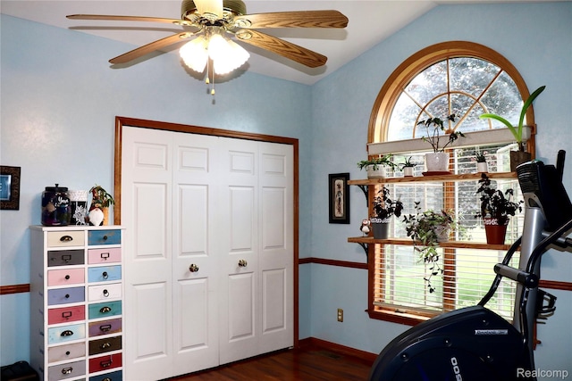 1149 Highview Dr, Lapeer, MI 48446 - workout room featuring dark wood-style floors, a ceiling fan, lofted ceiling, and baseboards