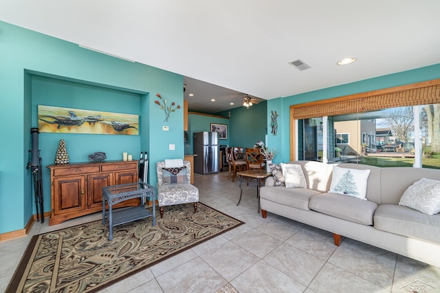5547 Circle Dr, Standish, MI 48658 - living room with light tile patterned floors, recessed lighting, and a ceiling fan