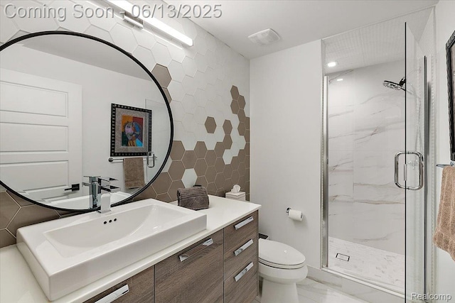 212 Enclave Ct, Rochester Hills, MI 48306 - bathroom with tile walls, a marble finish shower, toilet, vanity, and marble look tile flooring