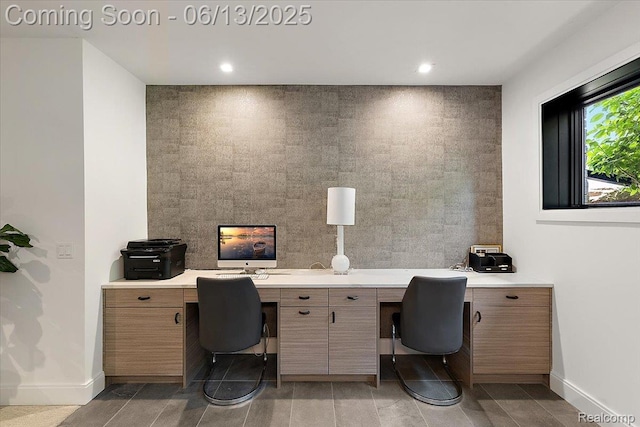 212 Enclave Ct, Rochester Hills, MI 48306 - office area with baseboards, built in desk, and recessed lighting