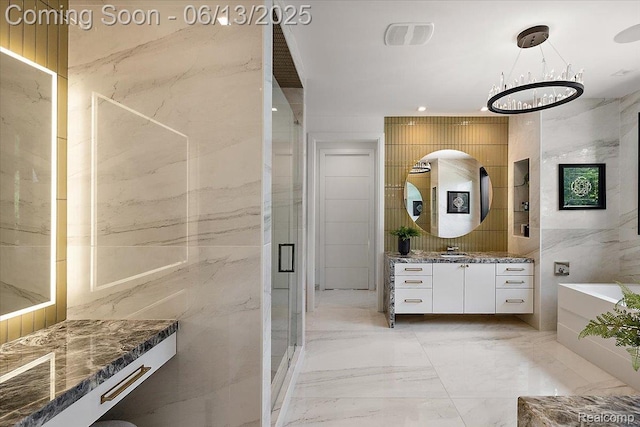 212 Enclave Ct, Rochester Hills, MI 48306 - full bath with tile walls, vanity, a marble finish shower, a bath, and marble tiled flooring