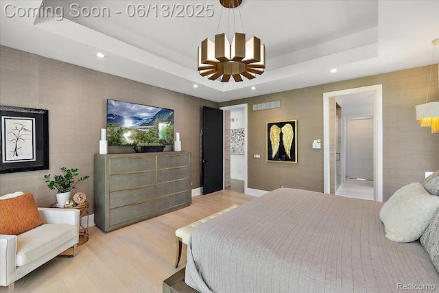 212 Enclave Ct, Rochester Hills, MI 48306 - bedroom with a raised ceiling, light wood-type flooring, recessed lighting, and a ceiling fan