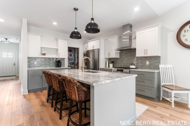 18153 Newgate Ln, Spring Lake, MI 49456 - kitchen featuring wall chimney range hood, open shelves, stainless steel appliances, a sink, and decorative backsplash
