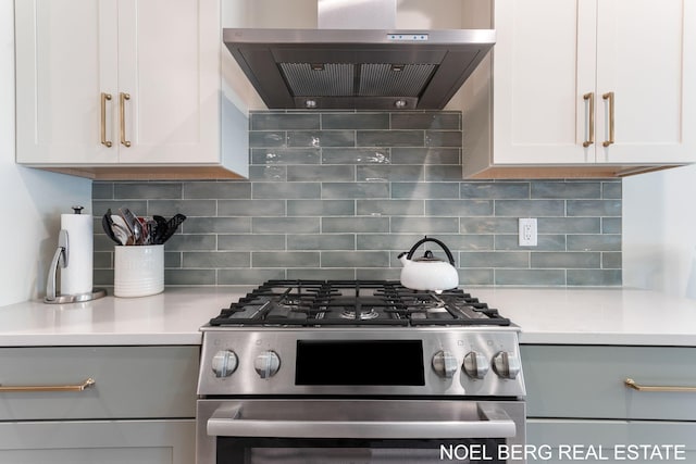 18153 Newgate Ln, Spring Lake, MI 49456 - kitchen featuring range hood, stainless steel range with gas cooktop, light countertops, and backsplash
