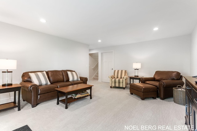 18153 Newgate Ln, Spring Lake, MI 49456 - living area featuring stairs, light carpet, and recessed lighting
