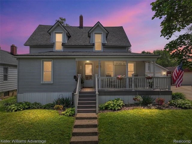 2931 4th St, Trenton, MI 48183 - view of front of home with covered porch, a lawn, a chimney, and a shingled roof
