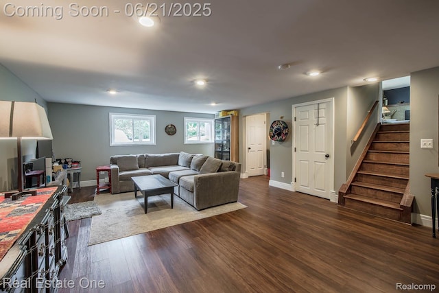1400 W Predmore Rd, Oakland, MI 48363 - living area featuring dark wood-style floors, stairway, and recessed lighting