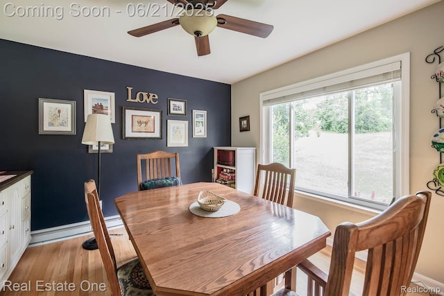 1400 W Predmore Rd, Oakland, MI 48363 - dining space featuring a baseboard radiator, ceiling fan, and light wood-type flooring