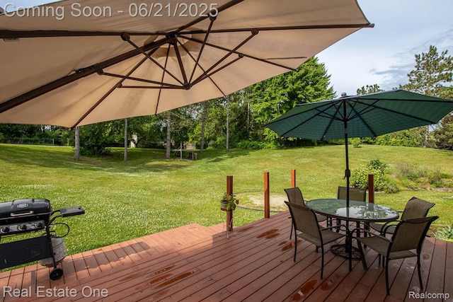 1400 W Predmore Rd, Oakland, MI 48363 - wooden terrace featuring outdoor dining area, a yard, and area for grilling