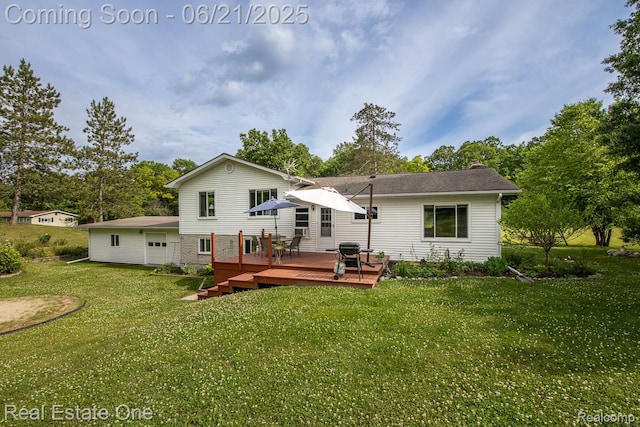 1400 W Predmore Rd, Oakland, MI 48363 - rear view of property with a wooden deck, a yard, a chimney, and a detached garage