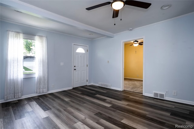 2910 Peerless Ave, Waterford, MI 48328 - foyer entrance featuring a ceiling fan, crown molding, dark wood-type flooring, and baseboards