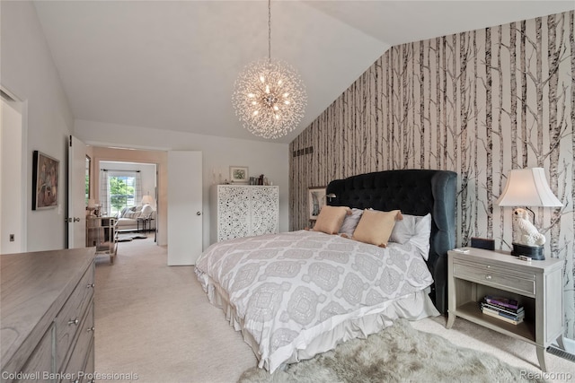 916 Tartan Trl, Bloomfield Hills, MI 48304 - bedroom with a chandelier, vaulted ceiling, light carpet, an accent wall, and wallpapered walls