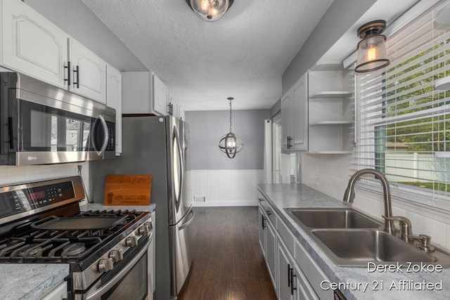 4246 Flamingo Ave SW, Wyoming, MI 49509 - kitchen featuring stainless steel appliances, a sink, dark wood-style flooring, white cabinetry, and wainscoting