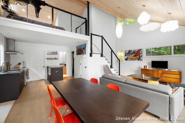 5185 W Nurnberg Rd, Michigan, MI 49411 - living room with a towering ceiling, light wood finished floors, wooden ceiling, and stairs