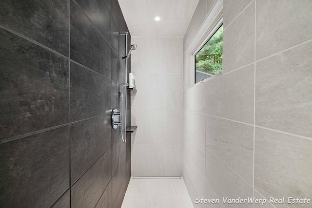 5185 W Nurnberg Rd, Michigan, MI 49411 - full bathroom featuring tiled shower, tile walls, and recessed lighting
