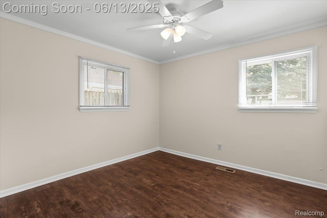 9243 Cornell St, Plymouth, MI 48180 - empty room with dark wood-style flooring, ornamental molding, and a ceiling fan