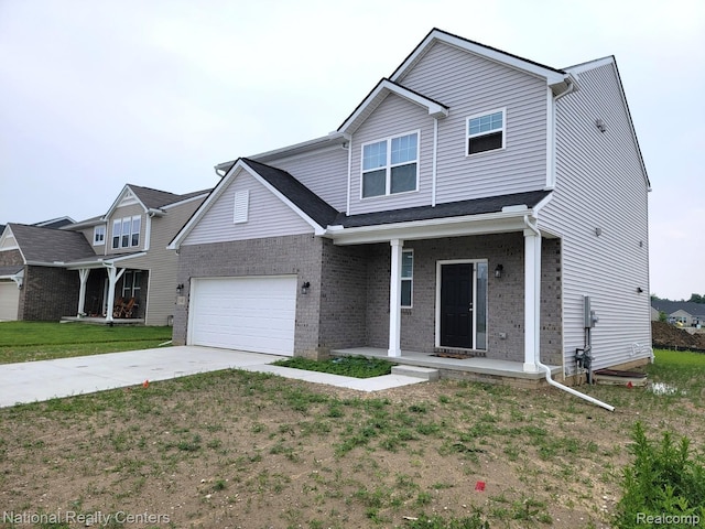 51485 Maple Leaf Dr, Macomb, MI 48042 - view of front of property featuring concrete driveway, a porch, a garage, brick siding, and a front yard