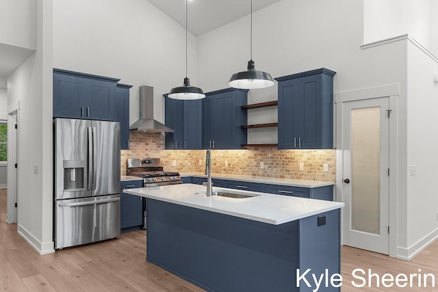 8060 Hunters Xing, Kalamazoo, MI 49009 - kitchen featuring appliances with stainless steel finishes, blue cabinetry, high vaulted ceiling, wall chimney exhaust hood, and a sink