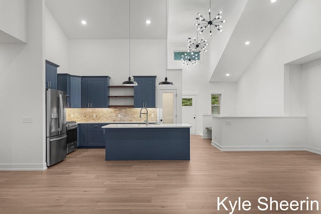 8060 Hunters Xing, Kalamazoo, MI 49009 - kitchen featuring stainless steel appliances, a high ceiling, open shelves, blue cabinets, and light countertops