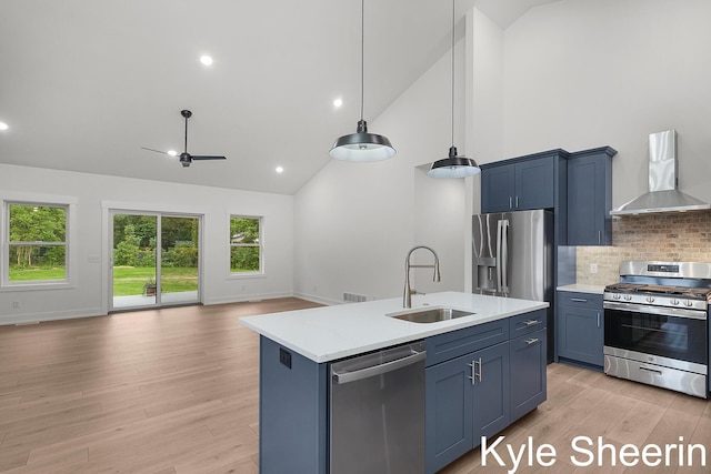 8060 Hunters Xing, Kalamazoo, MI 49009 - kitchen with stainless steel appliances, wall chimney range hood, a sink, high vaulted ceiling, and decorative backsplash
