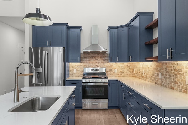 8060 Hunters Xing, Kalamazoo, MI 49009 - kitchen featuring appliances with stainless steel finishes, wall chimney exhaust hood, blue cabinets, and a sink