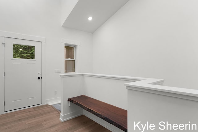 8060 Hunters Xing, Kalamazoo, MI 49009 - mudroom featuring wood finished floors, baseboards, vaulted ceiling, and recessed lighting