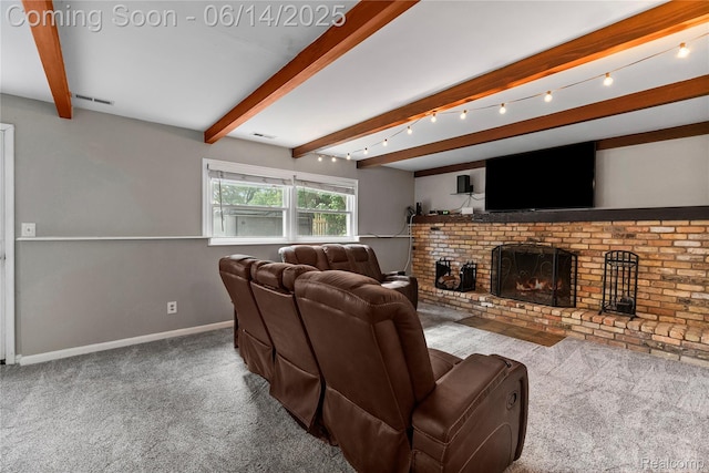 5388 N Georgetown Rd, Grand Blanc, MI 48439 - carpeted living room featuring beam ceiling and a brick fireplace