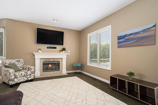 1300 St Andrews Dr, Holland, MI 49423 - carpeted living area featuring a fireplace and baseboards
