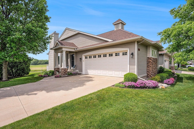 1300 St Andrews Dr, Holland, MI 49423 - view of front of property with an attached garage, a front yard, concrete driveway, and a chimney