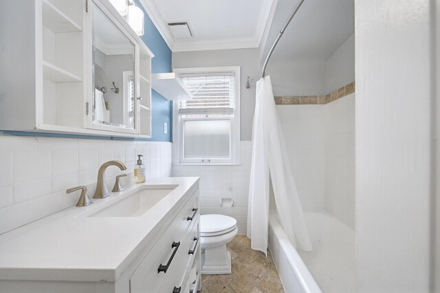 4422 Groveland Ave, Royal Oak, MI 48073 - full bath with toilet, tile walls, crown molding, vanity, and shower / bathtub combination with curtain