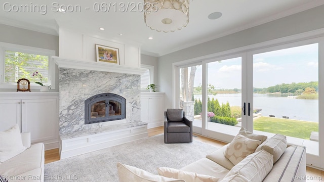 571 Dunleavy Dr, Highland, MI 48356 - living area with a water view, light wood-type flooring, plenty of natural light, a high end fireplace, and crown molding