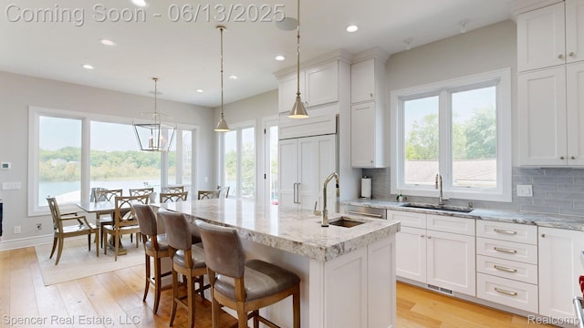 571 Dunleavy Dr, Highland, MI 48356 - kitchen with a sink, tasteful backsplash, light wood-style floors, and recessed lighting