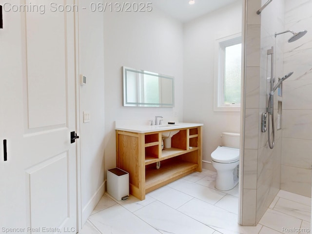 571 Dunleavy Dr, Highland, MI 48356 - bathroom with toilet, a stall shower, vanity, baseboards, and recessed lighting