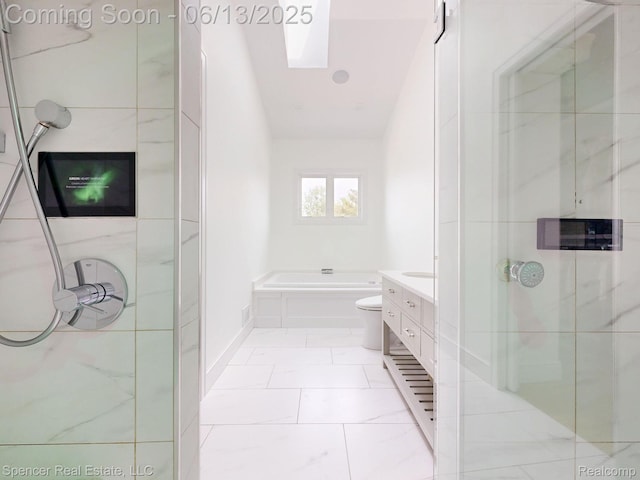 571 Dunleavy Dr, Highland, MI 48356 - full bathroom featuring a bath, a shower stall, a skylight, vanity, and lofted ceiling