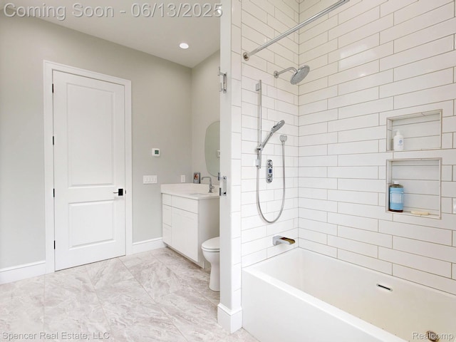 571 Dunleavy Dr, Highland, MI 48356 - bathroom with vanity, baseboards, shower / tub combination, toilet, and marble look tile flooring