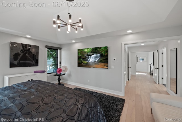 1044 Hazel, Birmingham, MI 48009 - bedroom featuring recessed lighting, light wood-style floors, and a chandelier