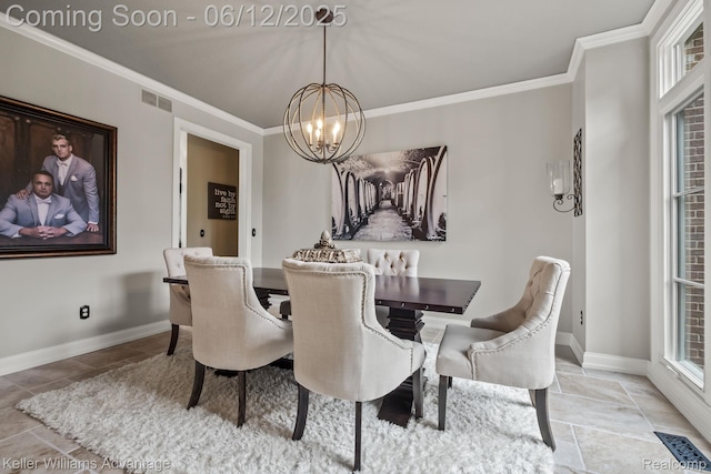 10993 Stoney Point Dr, South Lyon, MI 48178 - dining room featuring a chandelier, crown molding, baseboards, and healthy amount of natural light