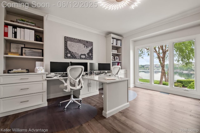 10993 Stoney Point Dr, South Lyon, MI 48178 - home office featuring dark wood finished floors, ornamental molding, and baseboards