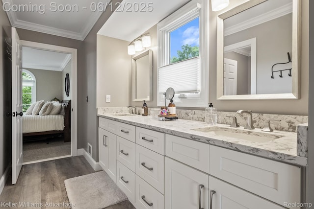 10993 Stoney Point Dr, South Lyon, MI 48178 - full bath with double vanity, wood finished floors, crown molding, connected bathroom, and baseboards