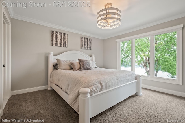10993 Stoney Point Dr, South Lyon, MI 48178 - bedroom with carpet flooring, baseboards, ornamental molding, and a chandelier