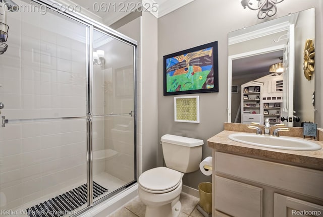 10993 Stoney Point Dr, South Lyon, MI 48178 - full bathroom with toilet, a stall shower, vanity, crown molding, and tile patterned floors