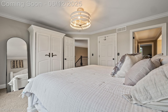10993 Stoney Point Dr, South Lyon, MI 48178 - carpeted bedroom featuring crown molding and a chandelier