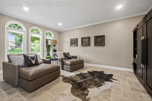 10993 Stoney Point Dr, South Lyon, MI 48178 - living area featuring a barn door, baseboards, ornamental molding, recessed lighting, and light stone finish floors