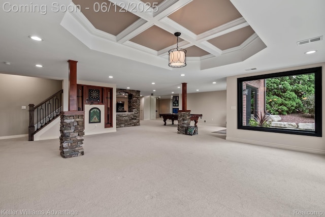10993 Stoney Point Dr, South Lyon, MI 48178 - carpeted living room with decorative columns, billiards table, coffered ceiling, baseboards, and stairway