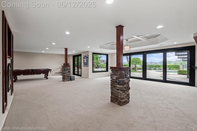 10993 Stoney Point Dr, South Lyon, MI 48178 - unfurnished living room featuring ornate columns, carpet floors, recessed lighting, and billiards table